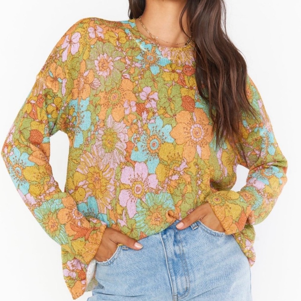 Show Me Your Mumu Sue Pocket Sweater Groovy Blooms Lightweight Crew Neck Medium